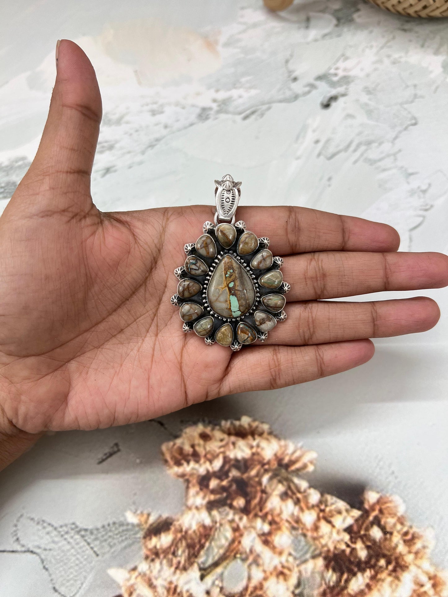 Handmade Sterling Silver Royston Ribbon Turquoise Pendant with Signed Nizhoni