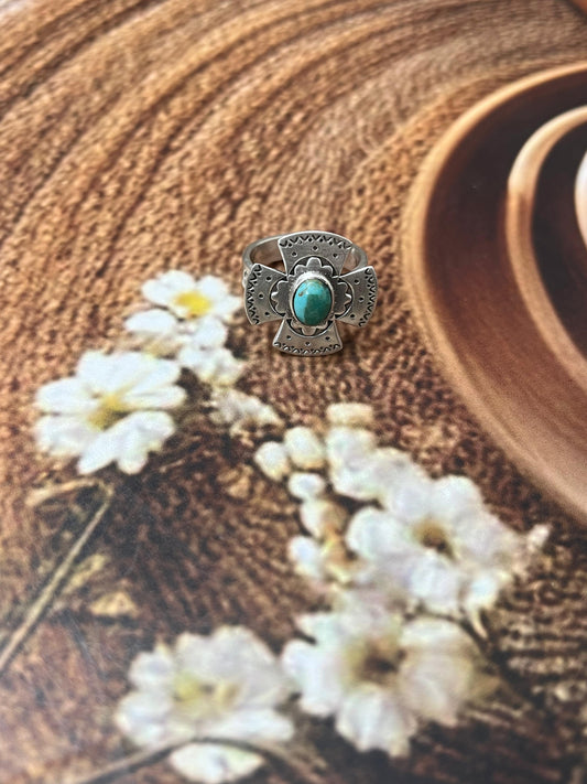 Handmade Sterling Silver Kingman Turquoise Cross Adjustable Rings with Signed Nizhoni