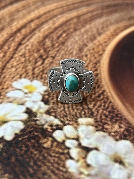 Handmade Sterling Silver Kingman Turquoise Cross Adjustable Rings with Signed Nizhoni