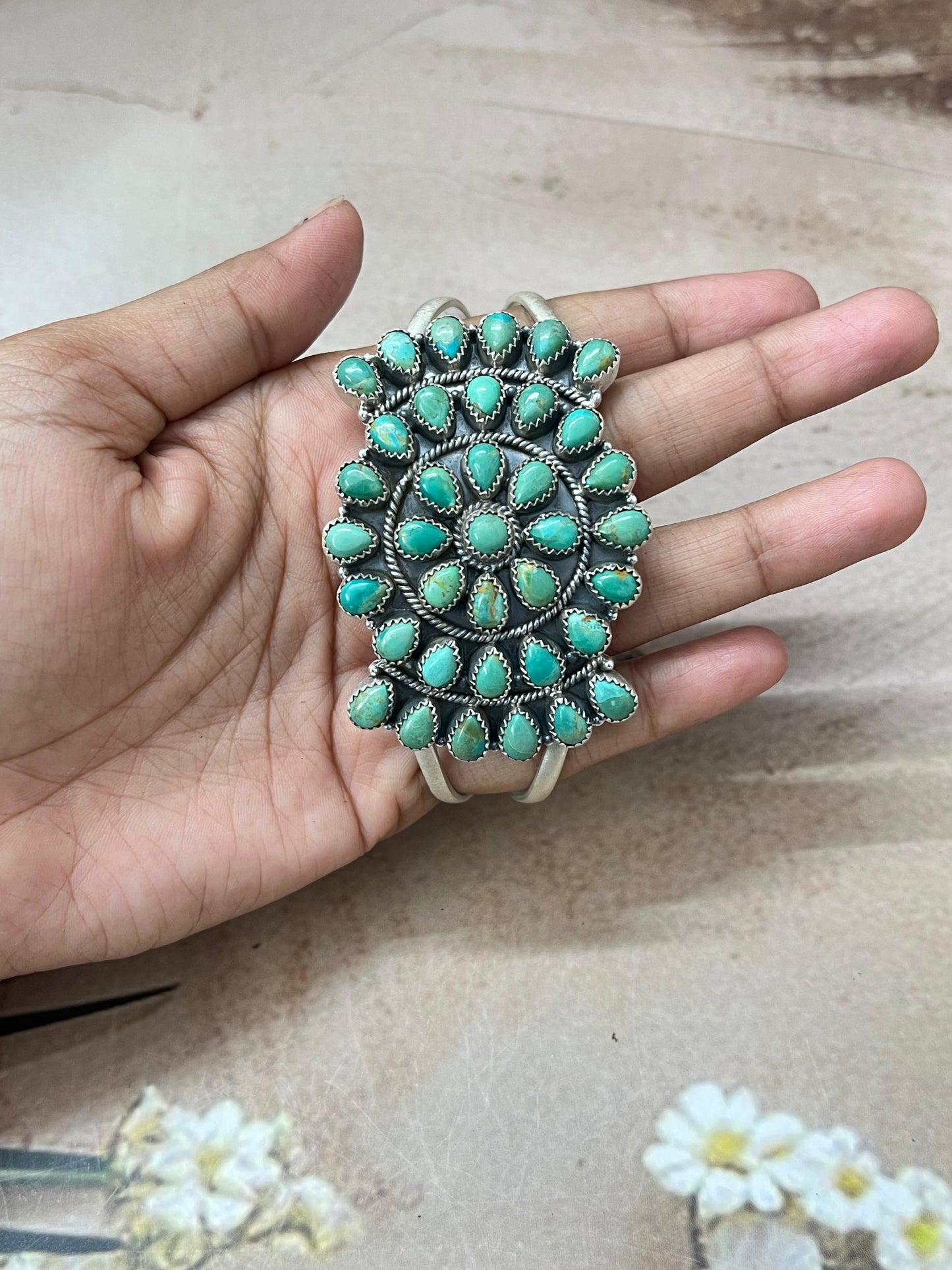 Handmade Sterling Silver Kingman Turquoise Bracelet with Signed Nizhoni