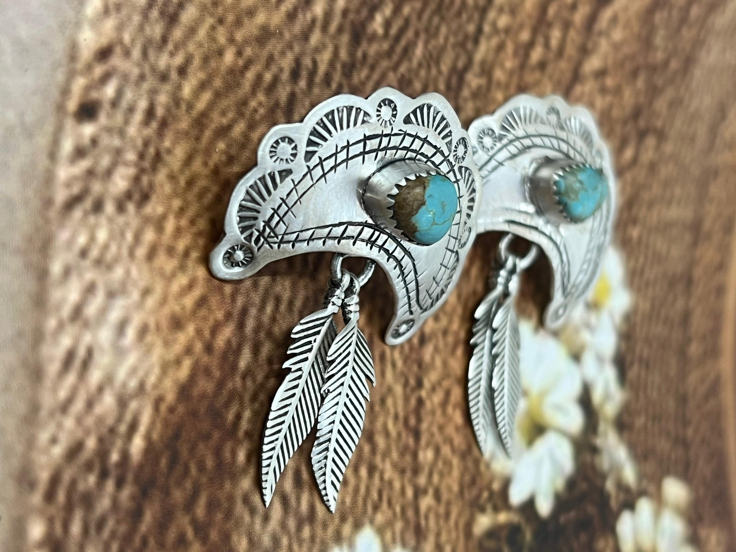 Handmade Sterling Silver Number 8 Turquoise Post Dangle Earrings with Signed Nizhoni