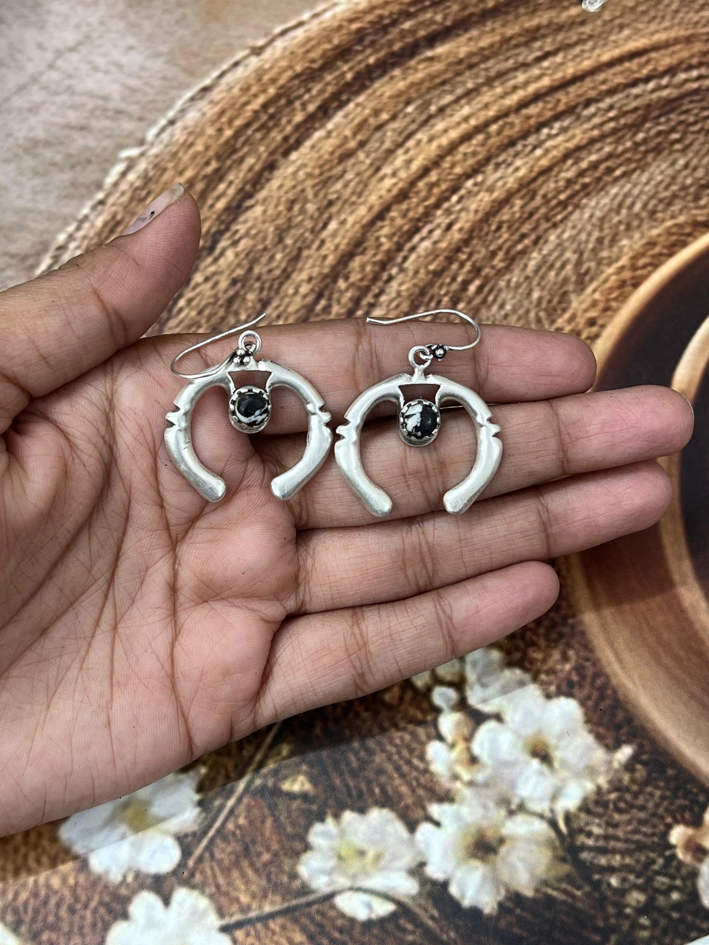 Handmade Sterling Silver Kingman Turquoise, White Buffalo Naja Post Dangle Earrings with Signed Nizhoni