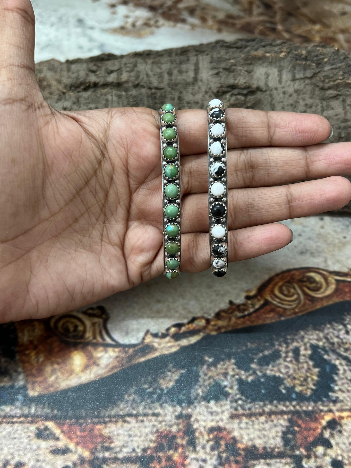 Handmade Sterling Silver White Buffalo, Kingman Turquoise Bracelet with Signed Nizhoni