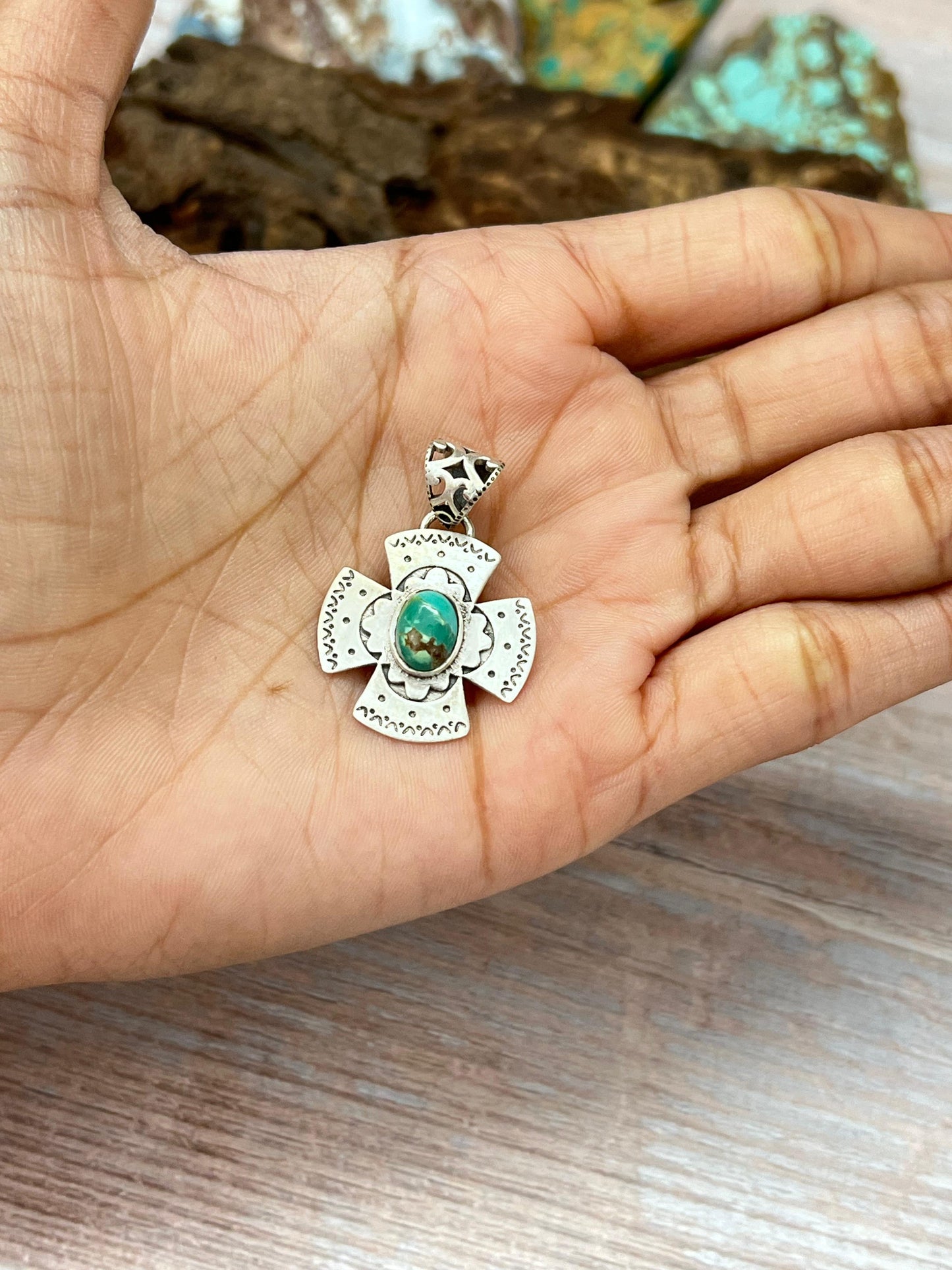 Handmade Sterling Silver Kingman Turquoise Pendant with Signed Nizhoni