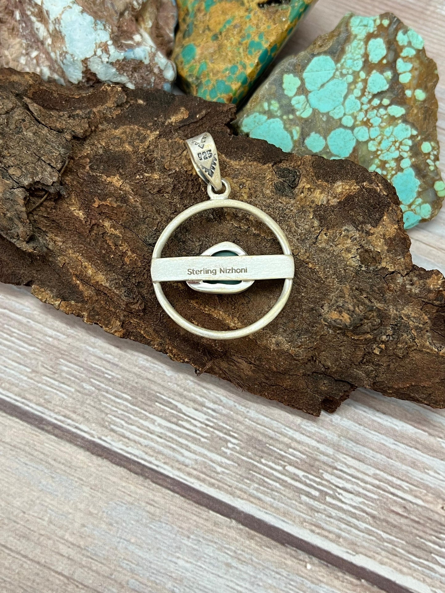 Handmade Sterling Silver South Hill Turquoise Pendant with Signed Nizhoni