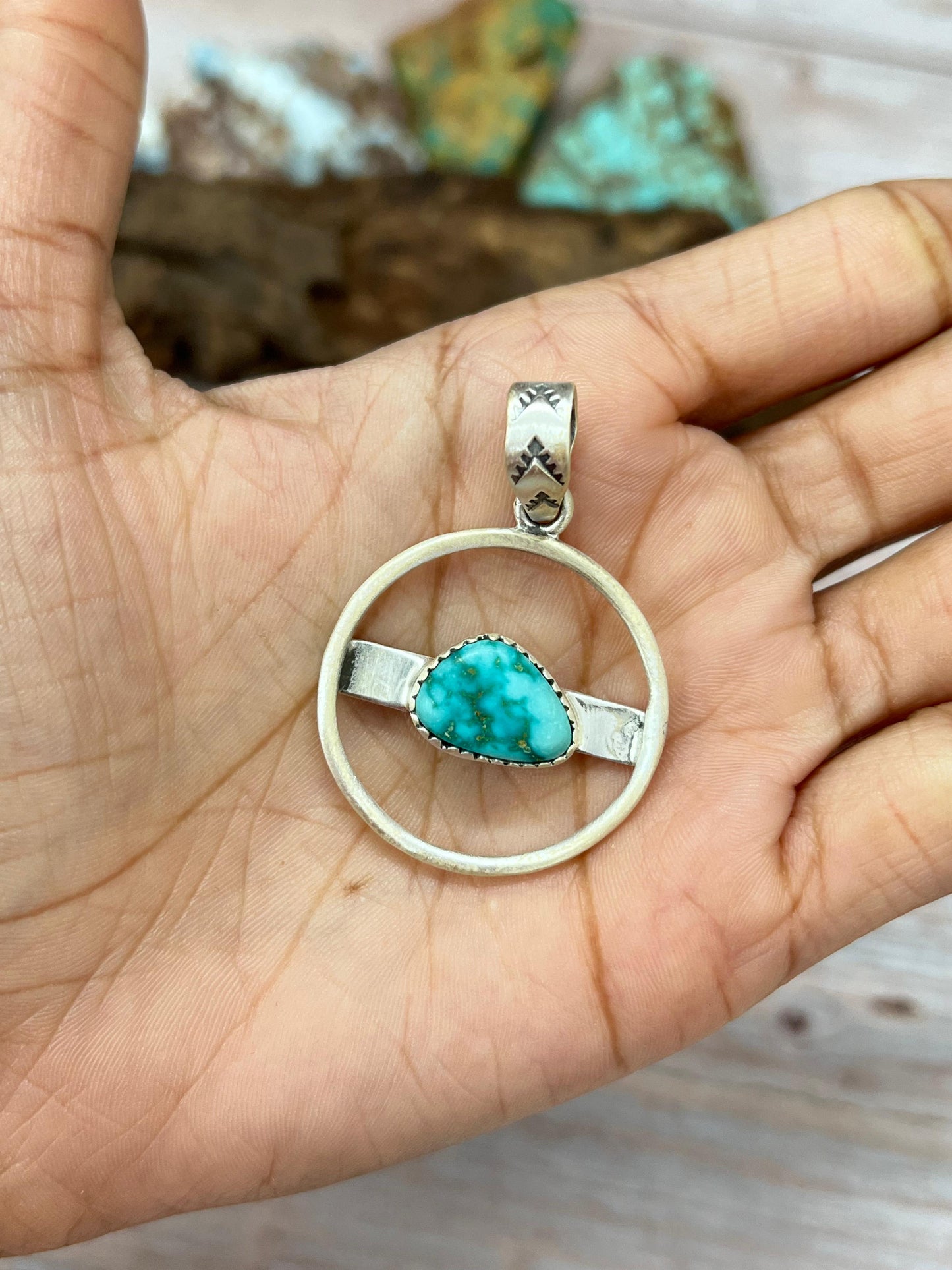 Handmade Sterling Silver South Hill Turquoise Pendant with Signed Nizhoni
