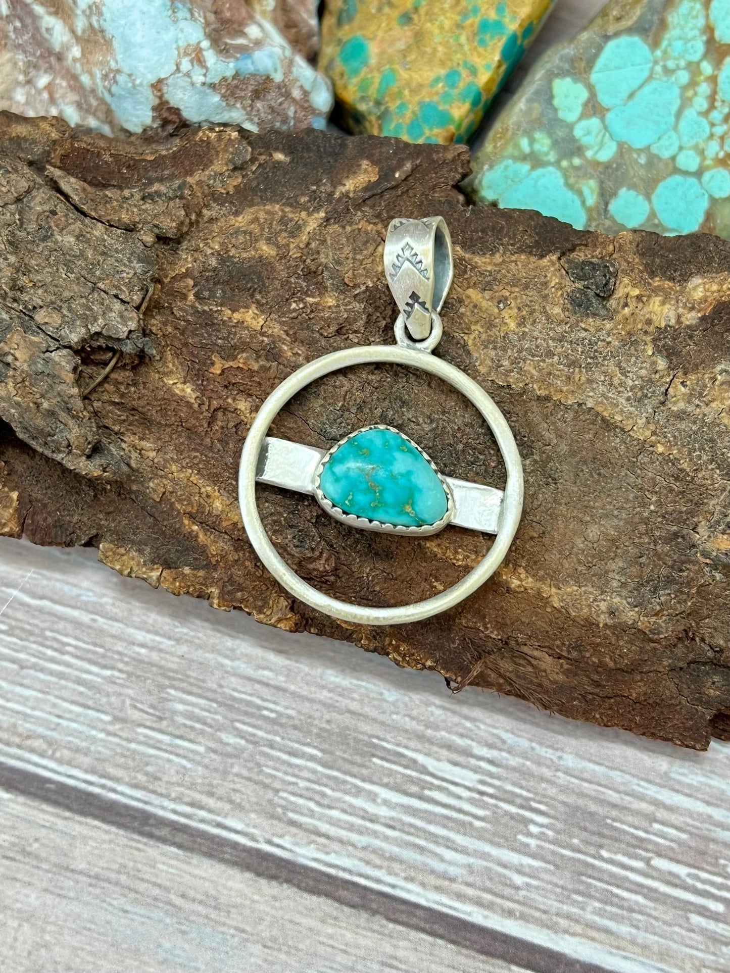 Handmade Sterling Silver South Hill Turquoise Pendant with Signed Nizhoni