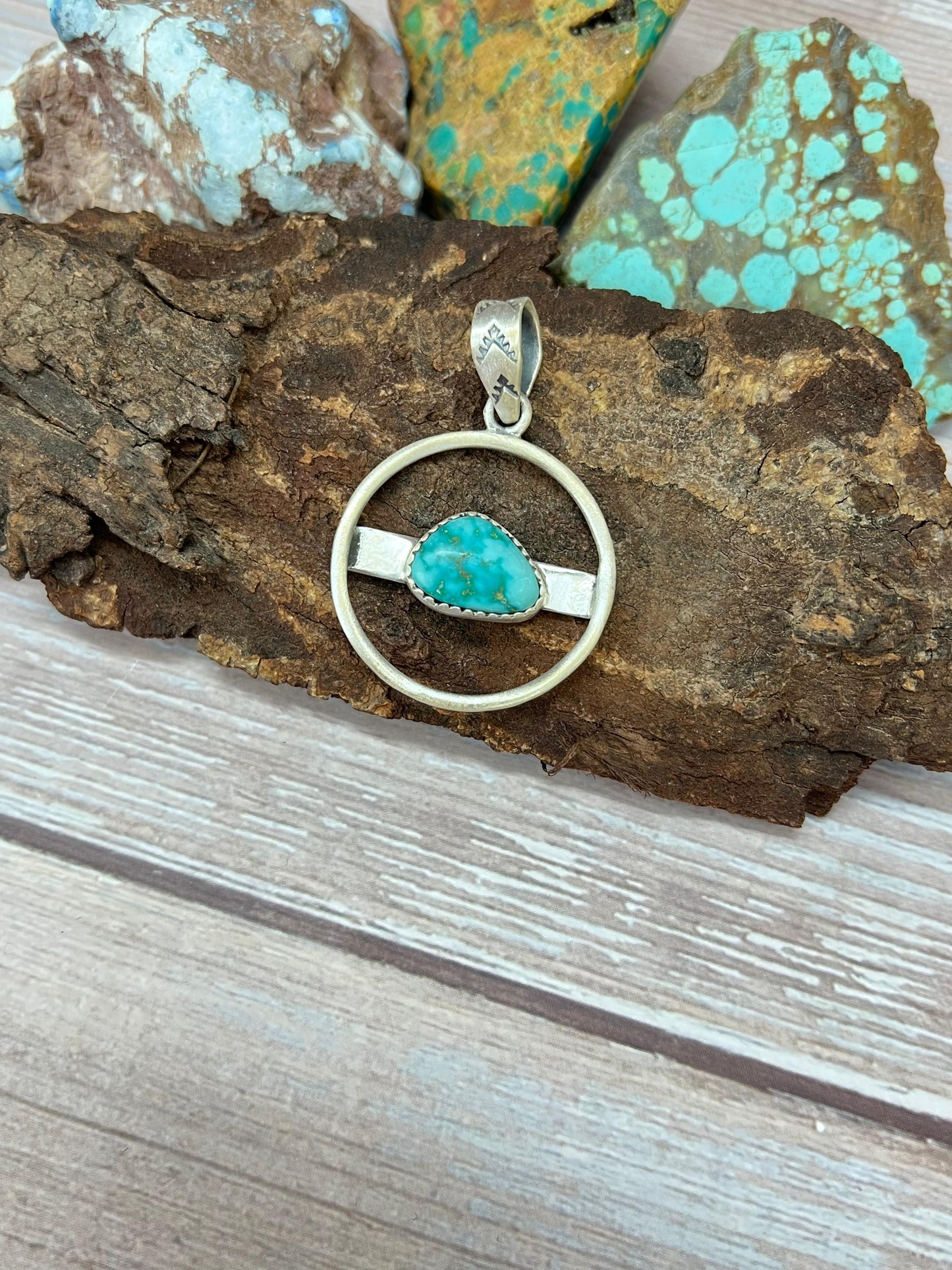 Handmade Sterling Silver South Hill Turquoise Pendant with Signed Nizhoni
