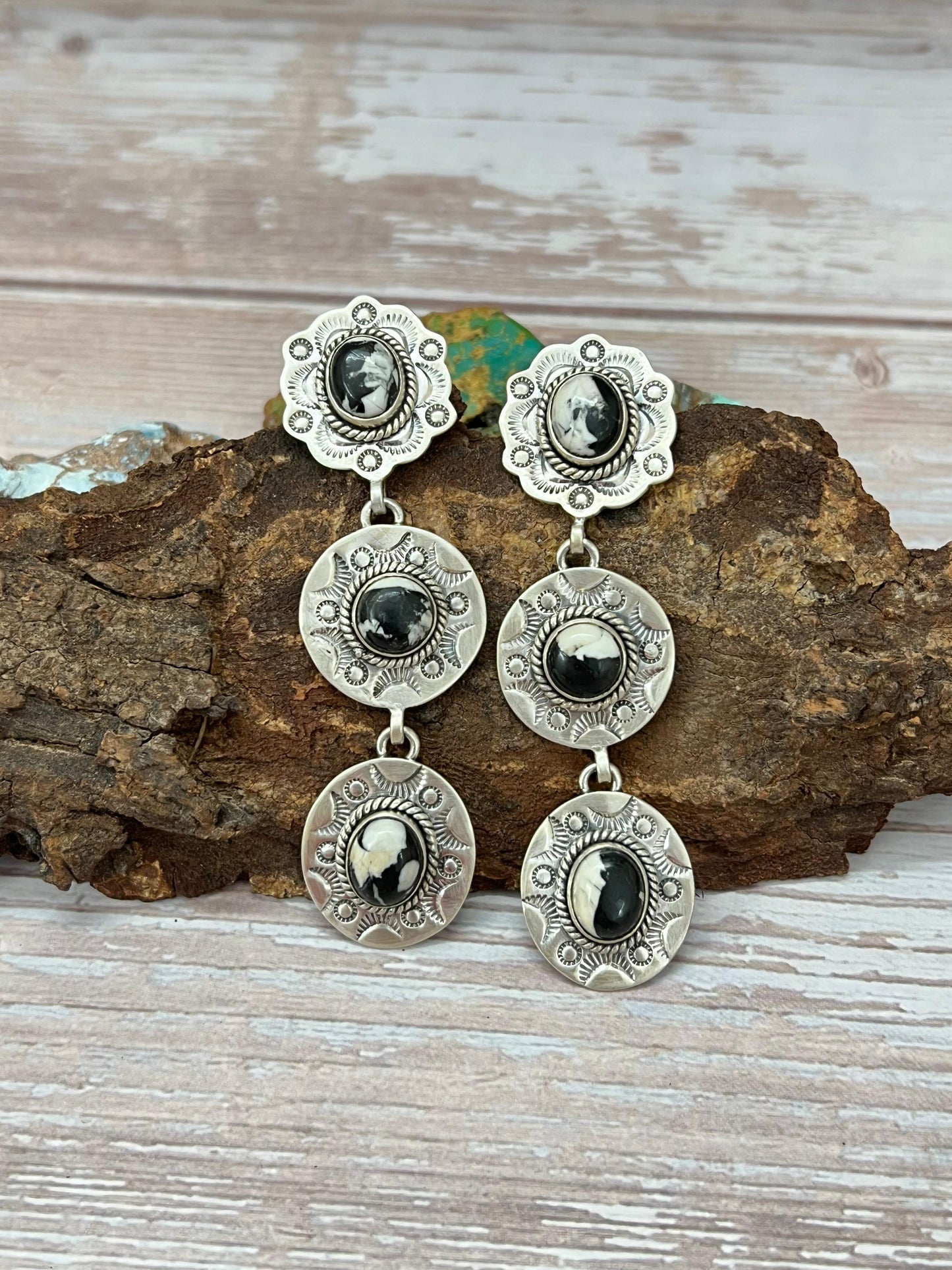Handmade Sterling Silver White Buffalo Post Dangle Earrings with Signed Nizhoni