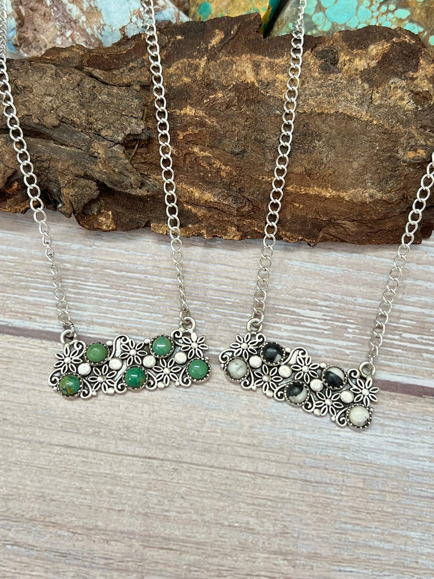 Handmade Sterling Silver Kingman Turquoise, White Buffalo Necklace with Signed Nizhoni