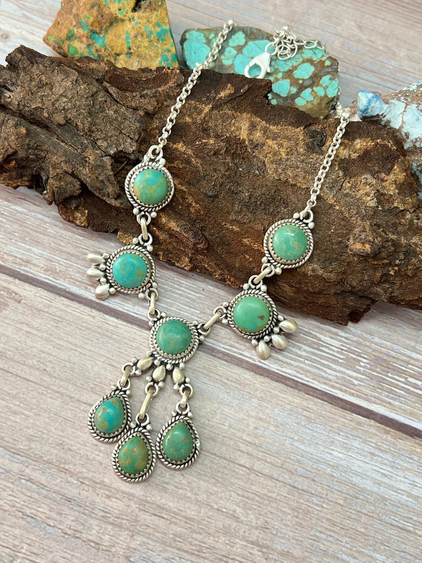 Handmade Sterling Silver Kingman Turquoise Necklace with Signed Nizhoni
