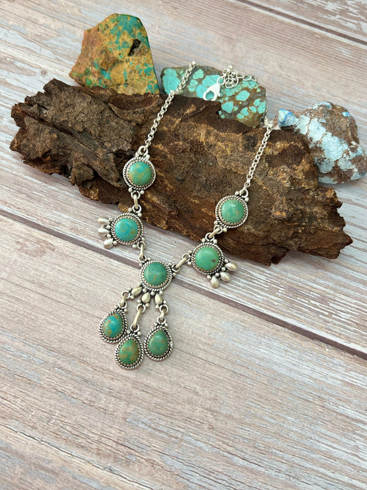 Handmade Sterling Silver Kingman Turquoise Necklace with Signed Nizhoni