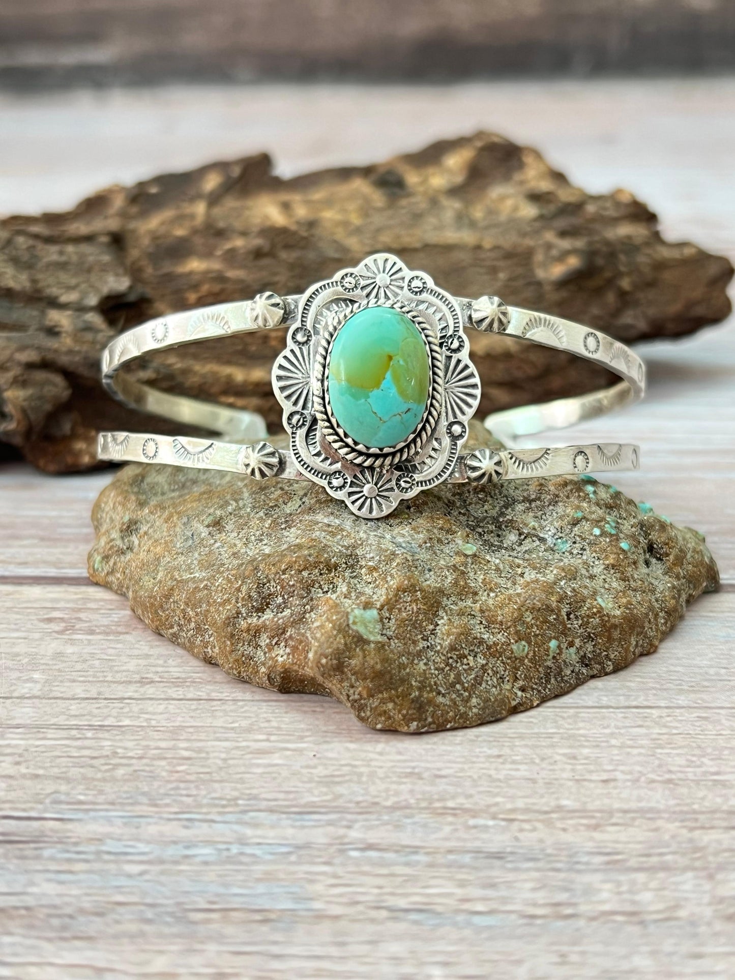 Handmade Sterling Silver Kingman Turquoise Bracelet with Signed Nizhoni