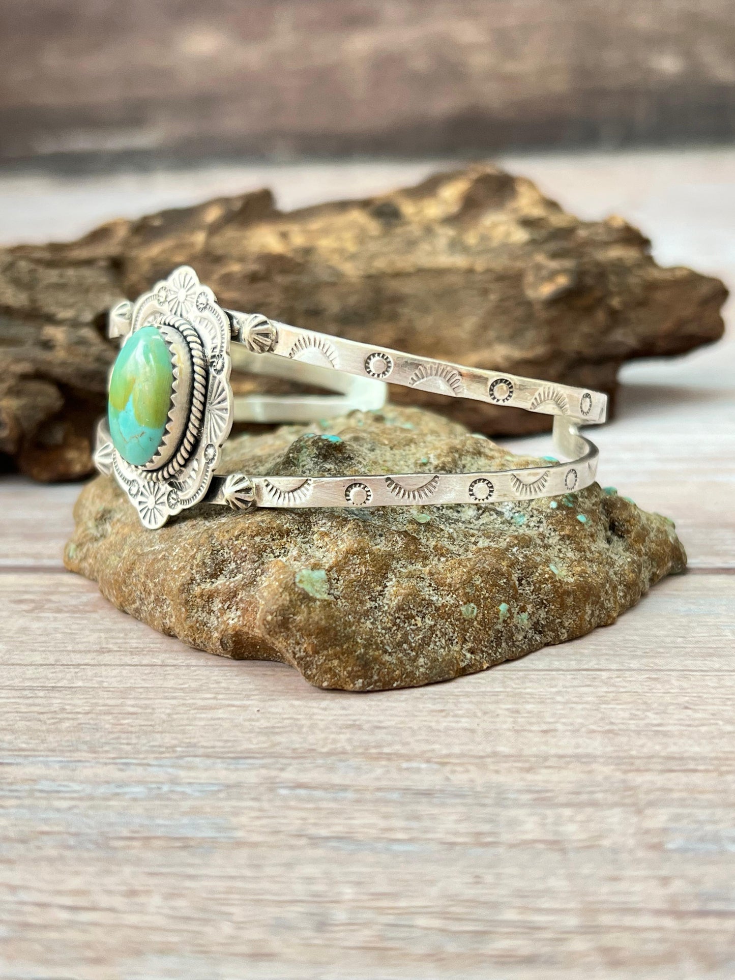 Handmade Sterling Silver Kingman Turquoise Bracelet with Signed Nizhoni