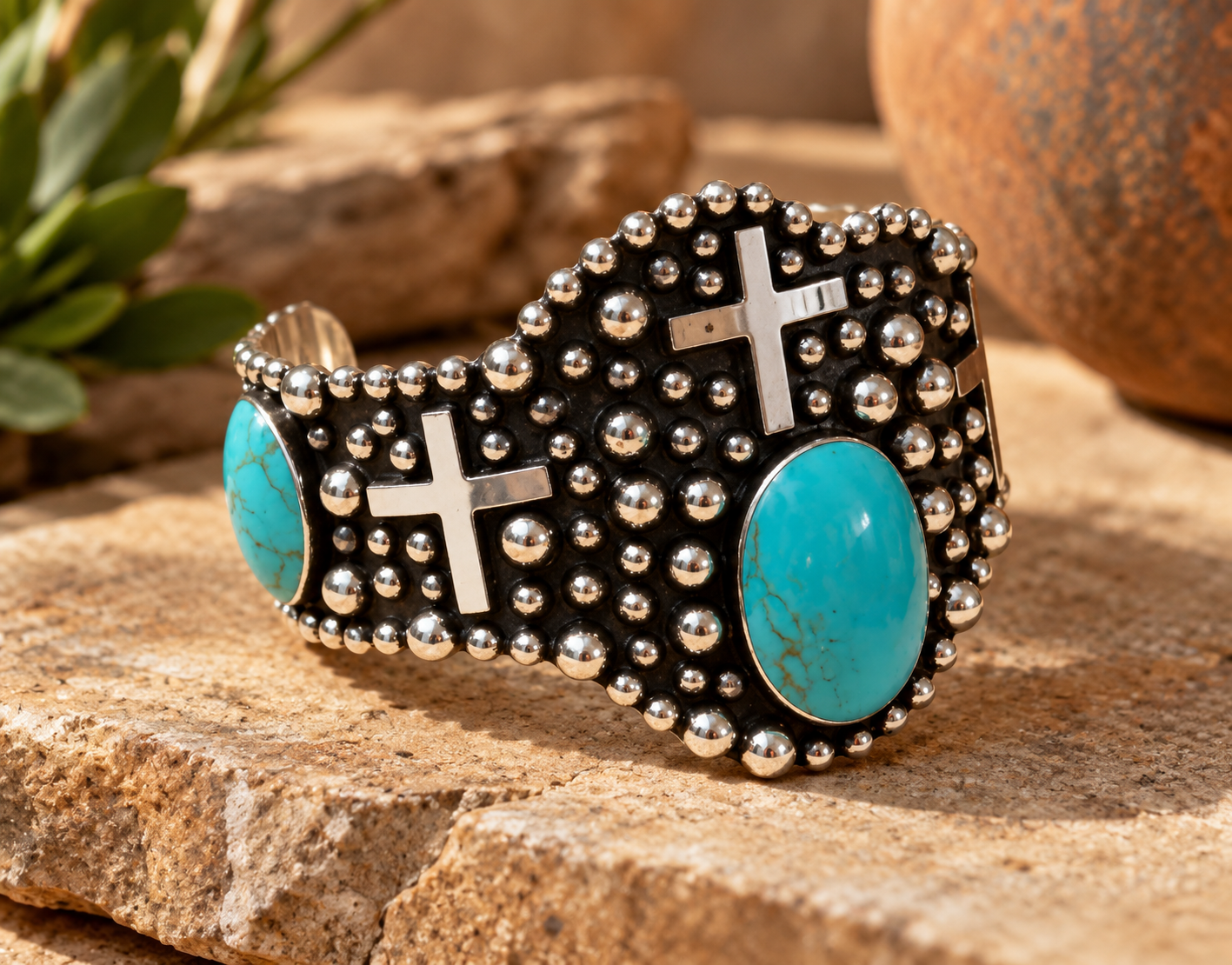 Turquoise Cross Cuff Sterling Silver Bracelet
