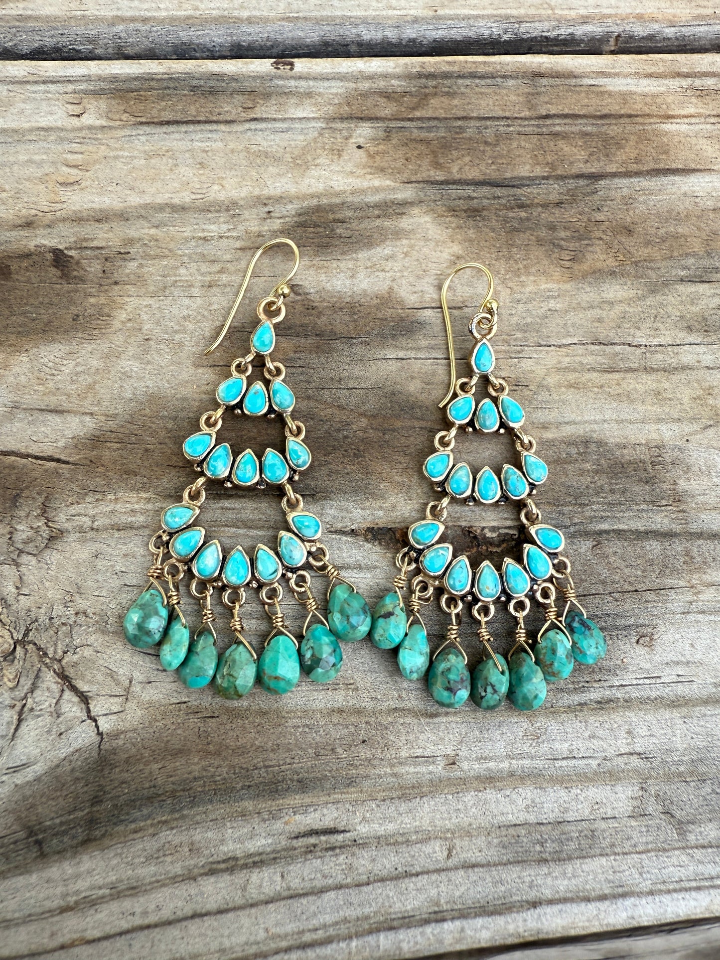 “The Golden Collection” TRIPLE THE BLUE Handmade Gold Plated Sterling Silver & Natural Turquoise Chandelier Earrings