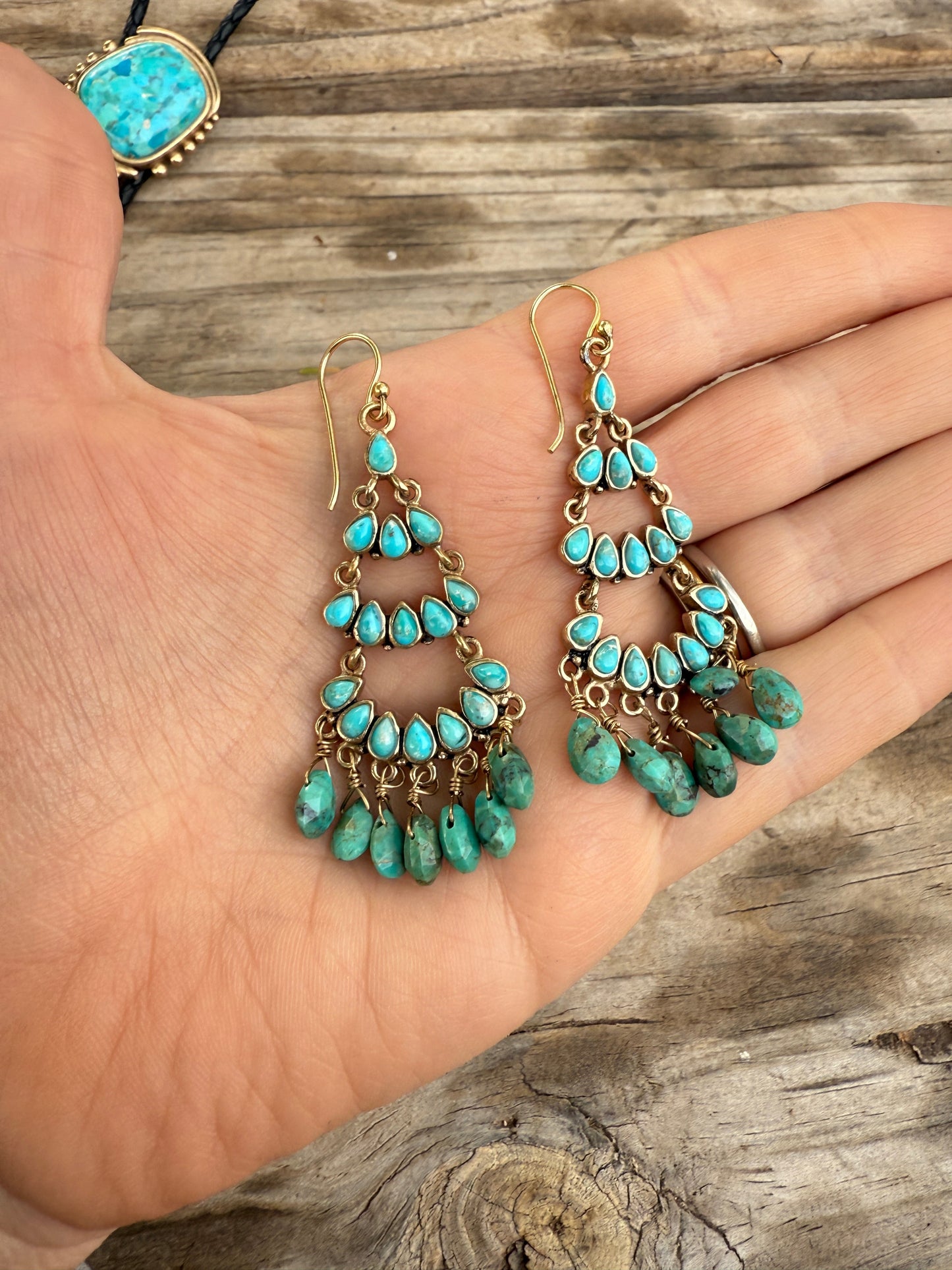 “The Golden Collection” TRIPLE THE BLUE Handmade Gold Plated Sterling Silver & Natural Turquoise Chandelier Earrings