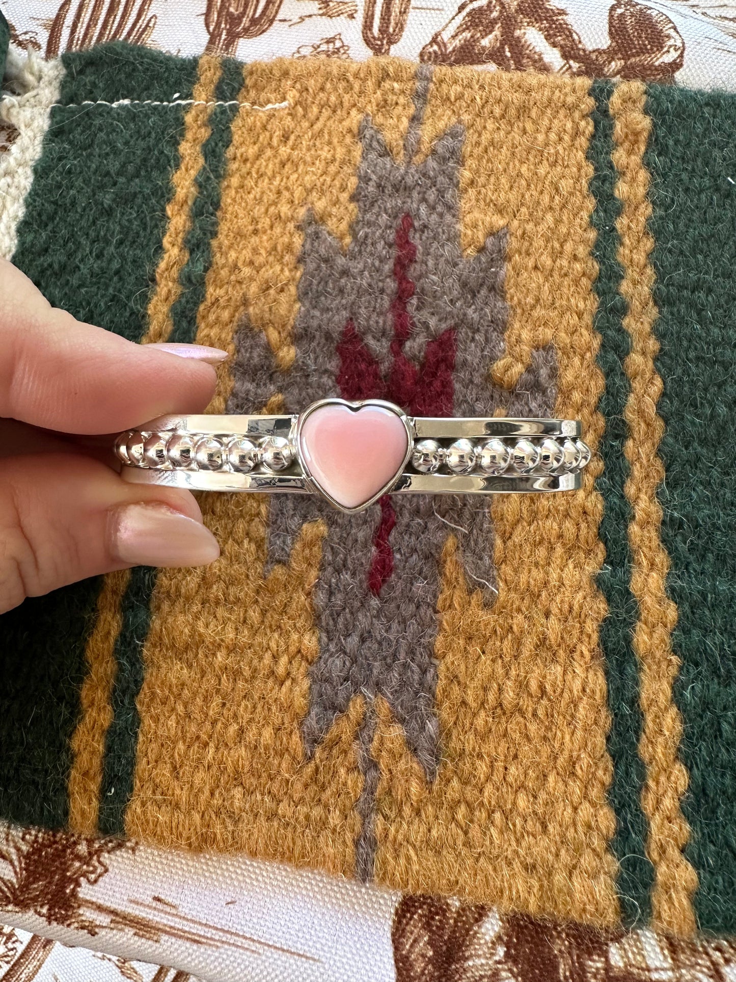Handmade Sterling Silver & Pink Conch Adjustable Heart Cuff Bracelet
