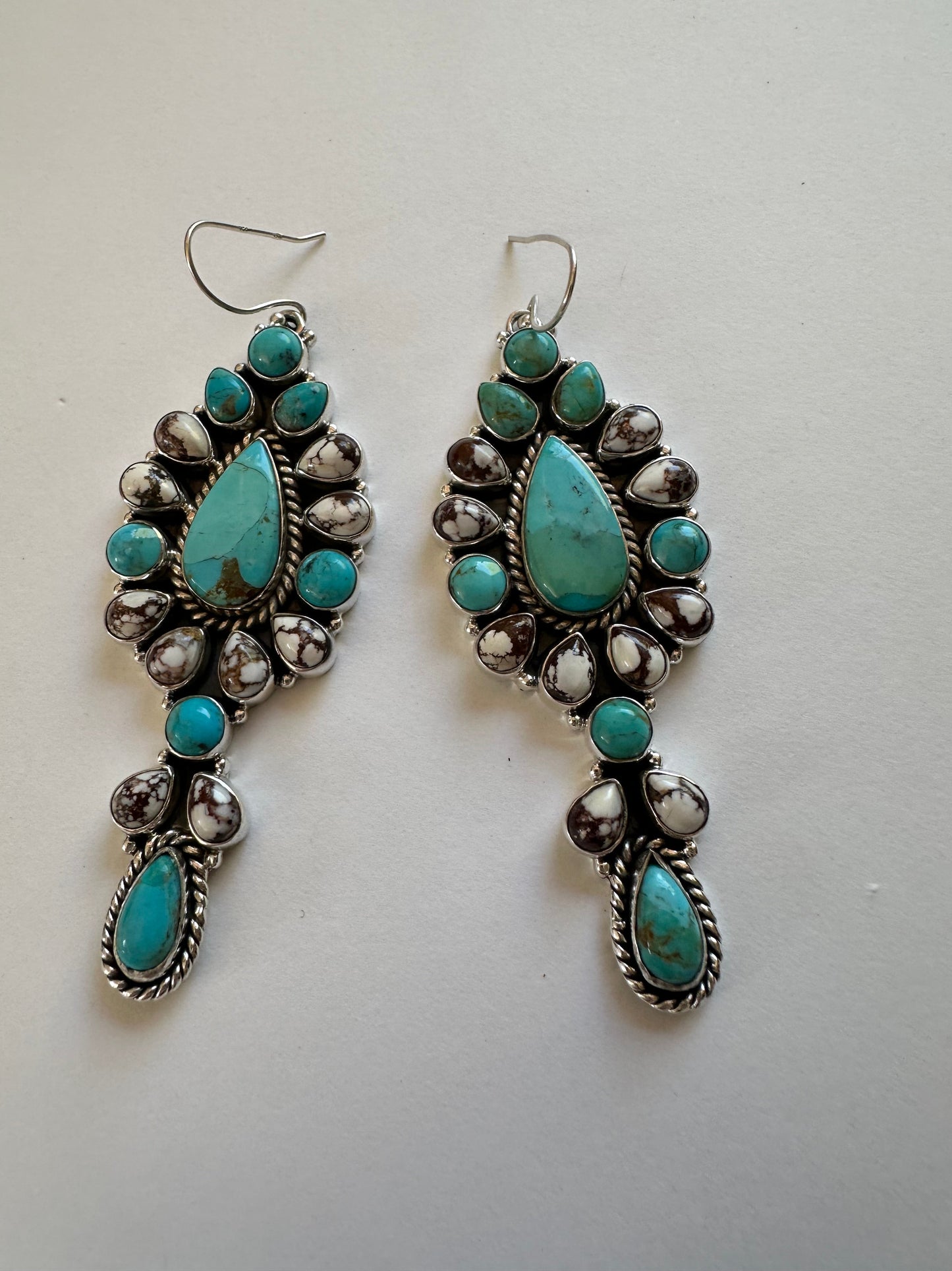 Handmade Turquoise, Wild Horse And Sterling Silver Cluster Dangle Earrings