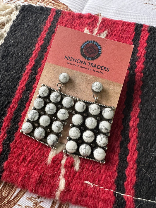 Handcrafted Jacqueline Silver White Buffalo Dangle Earrings Signed