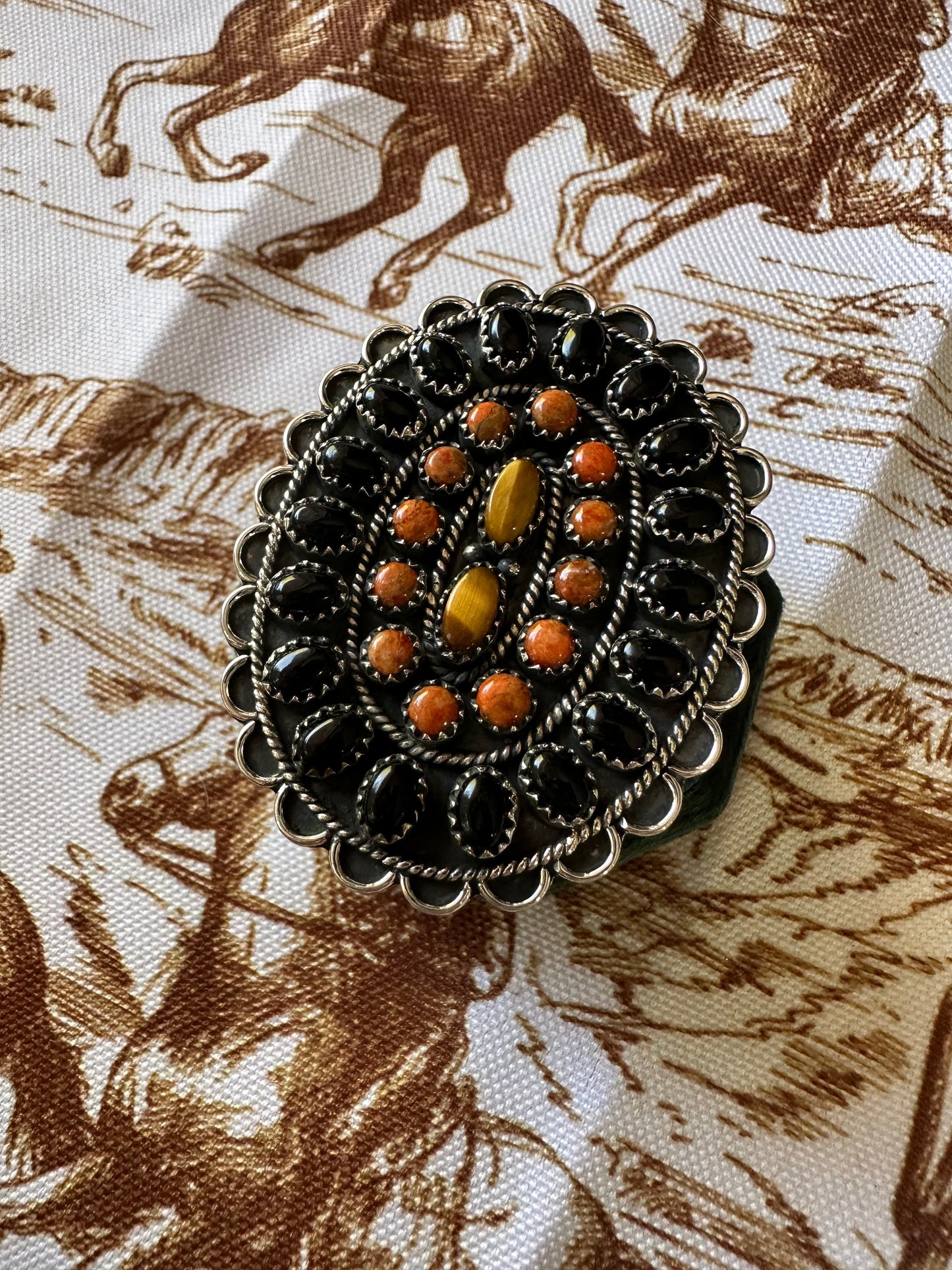 “Desert Roads” Handmade Black Onyx, Orange Mojave & Sterling Silver Adjustable Ring