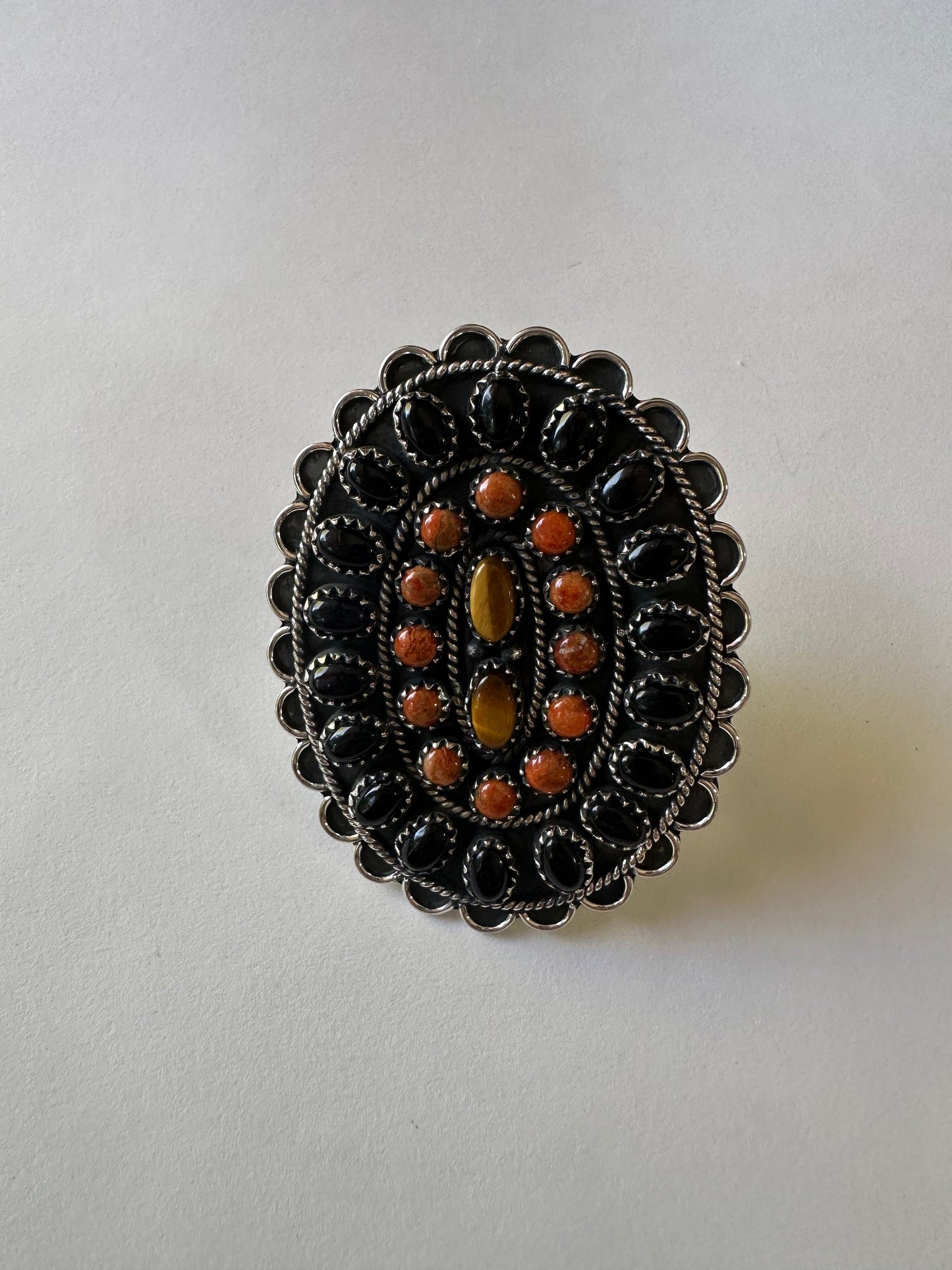 “Desert Roads” Handmade Black Onyx, Orange Mojave & Sterling Silver Adjustable Ring