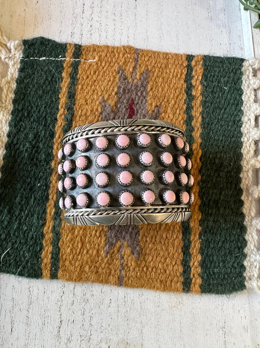 Navajo Pink Conch & Sterling Silver 4 Row Cuff Bracelet Signed