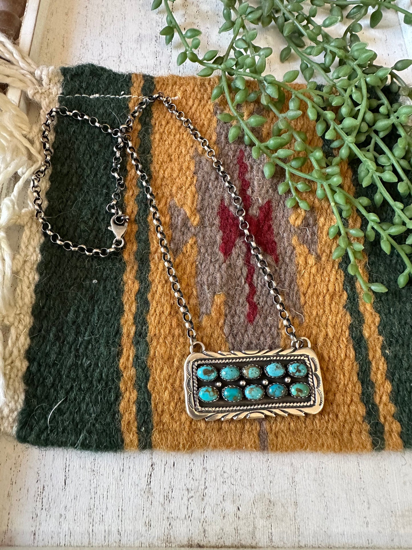 Handcrafted Sterling Silver & Double Row Turquoise Bar Necklace Signed E. Richards