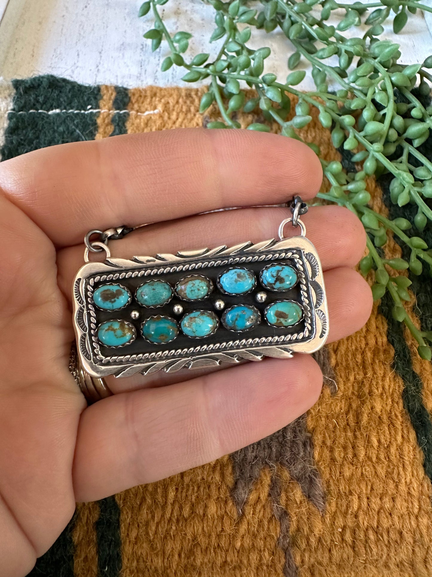 Handcrafted Sterling Silver & Double Row Turquoise Bar Necklace Signed E. Richards