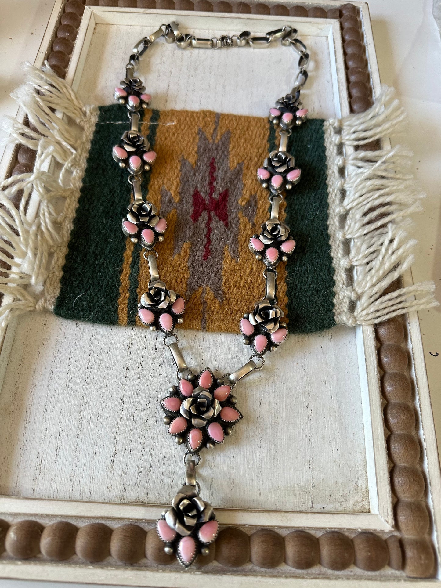 Handcrafted Queen Pink Conch Shell And Sterling Silver Flower Necklace Signed
