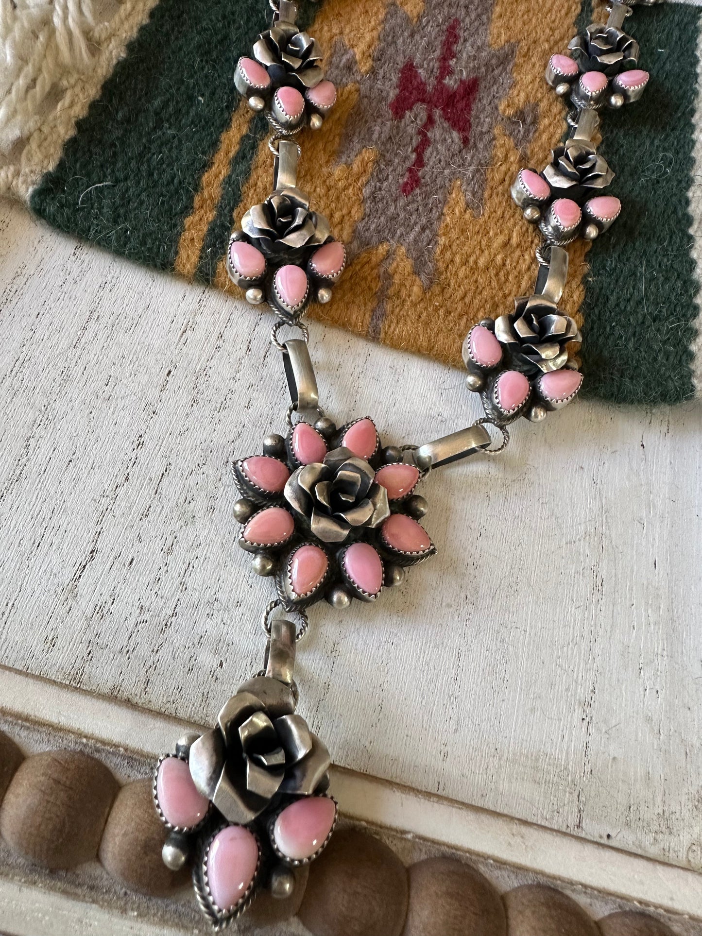 Handcrafted Queen Pink Conch Shell And Sterling Silver Flower Necklace Signed