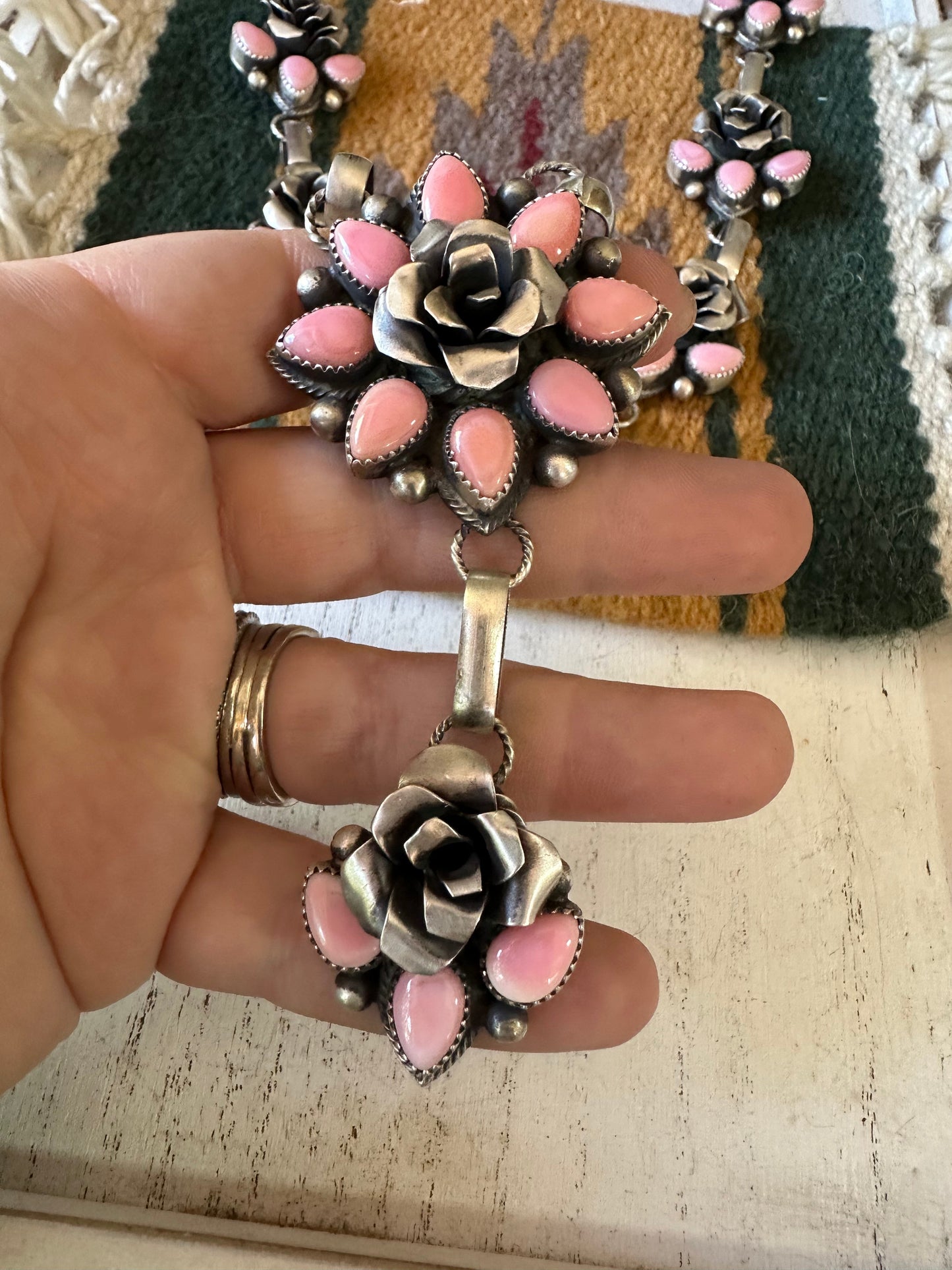 Handcrafted Queen Pink Conch Shell And Sterling Silver Flower Necklace Signed