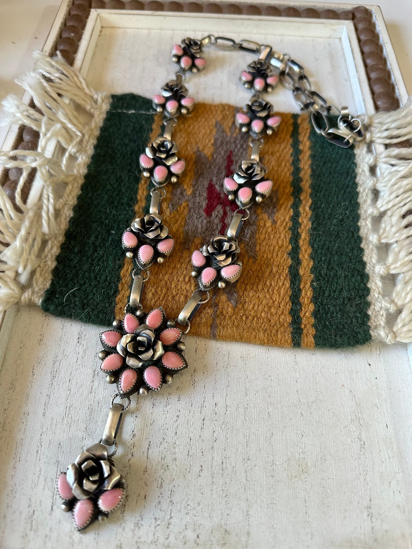 Handcrafted Queen Pink Conch Shell And Sterling Silver Flower Necklace Signed