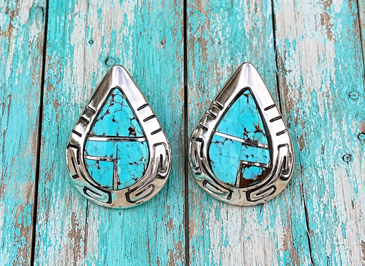 Handcrafted Turquoise 8 & Sterling Silver Tear Drop Stud Earrings