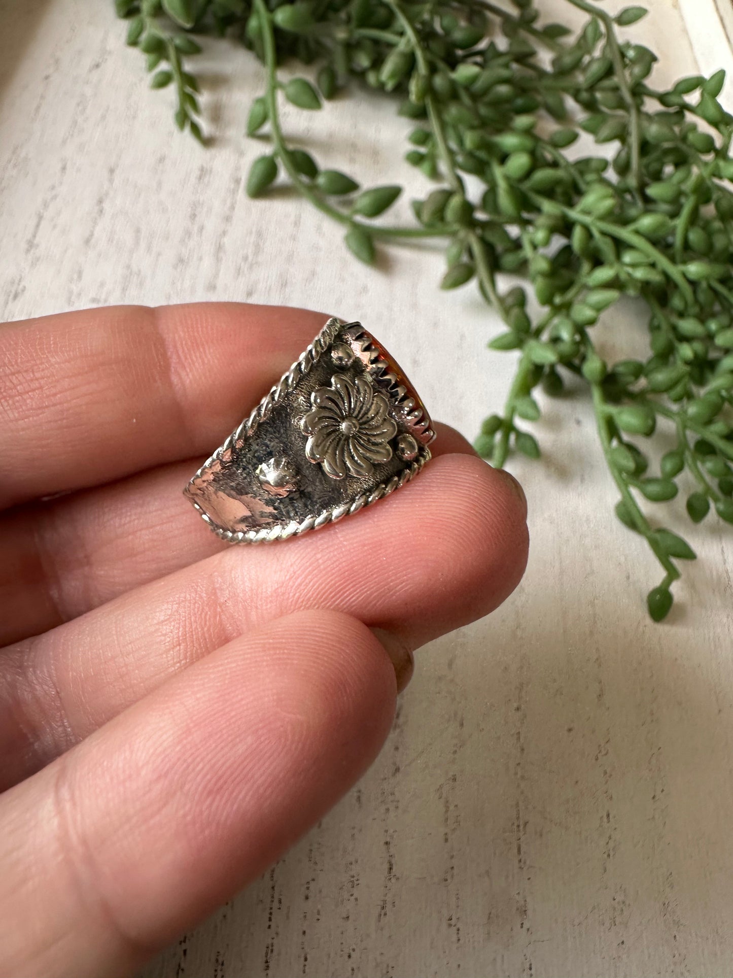 Beautiful Handmade Orange Fire Opal And Sterling Silver Adjustable Flower Ring