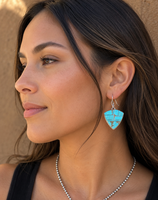 Handcrafted Turquoise 8 & Sterling Silver Shield Dangle Earrings