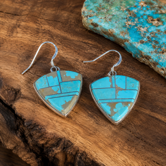 Handcrafted Turquoise 8 & Sterling Silver Shield Dangle Earrings