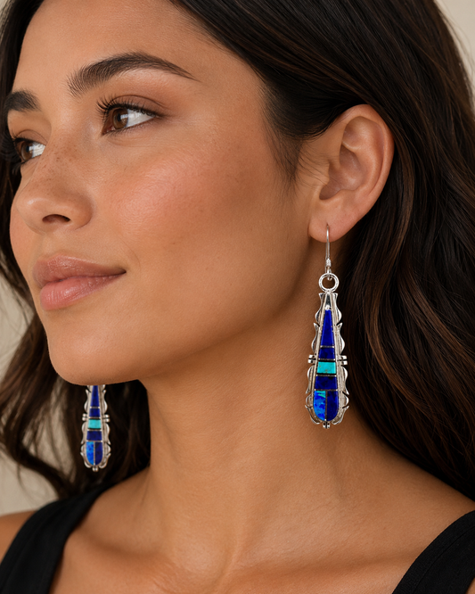 Handcrafted Lapis, Turquoise, Jagged Dangle Earrings