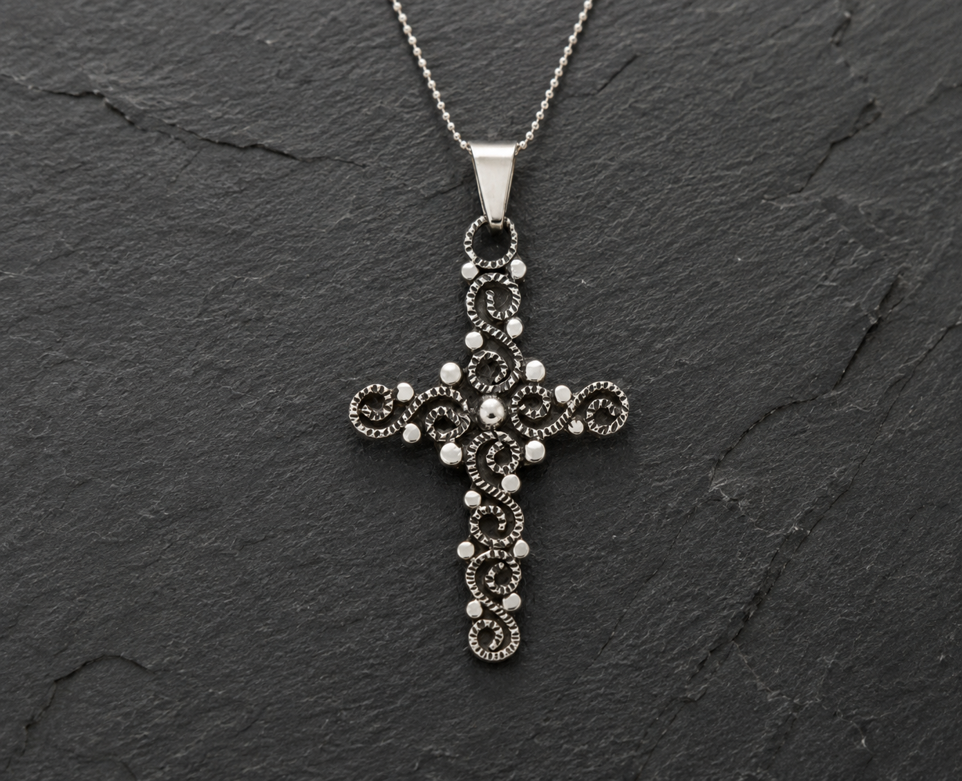 Vintage Oxidized Cross Sterling Silver Pendant Necklace