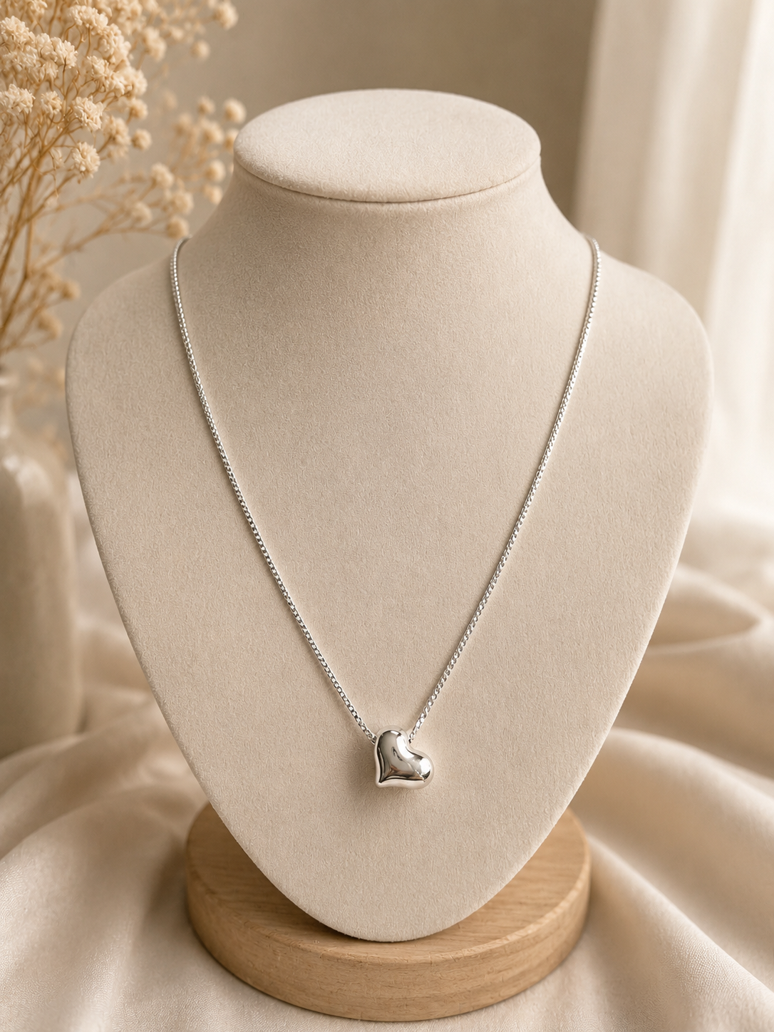 Puffed Side Heart Sterling Silver Necklace
