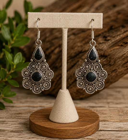 Black Onyx Two-Stone Filigree Dangle Earrings