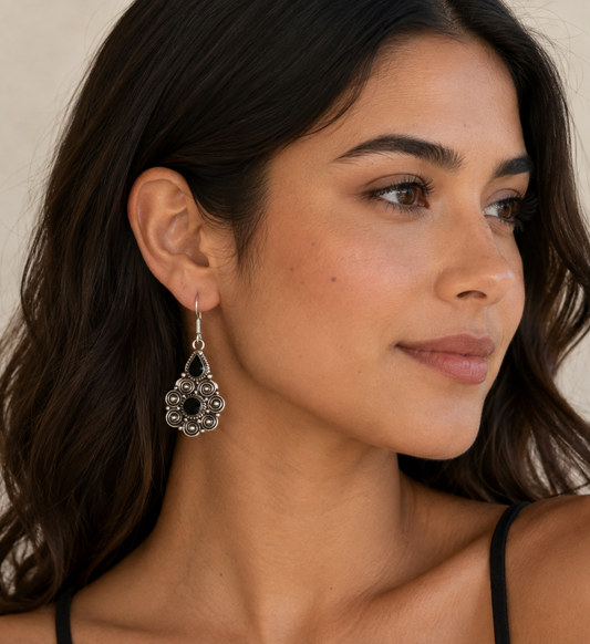 Black Onyx Two-Stone Filigree Dangle Earrings