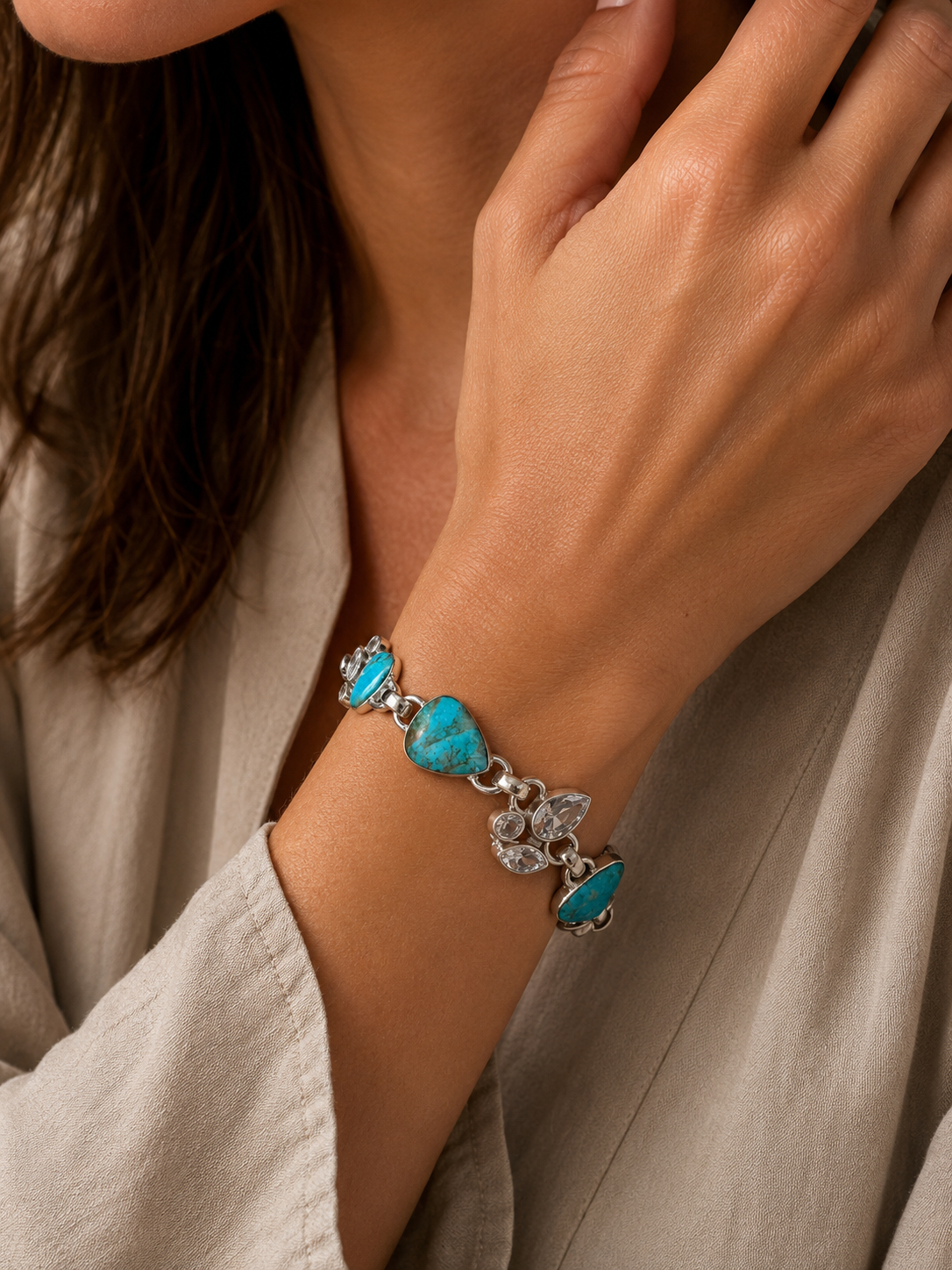 Turquoise 5 Stone & CZ Sterling Silver Bracelet