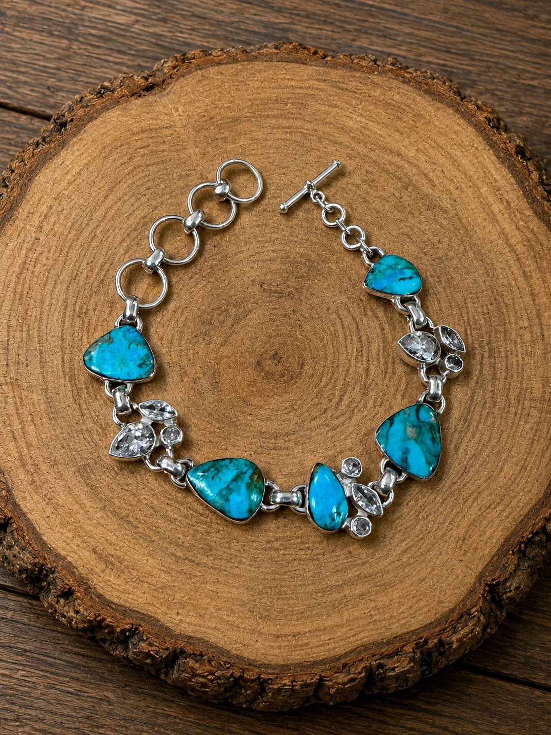 Turquoise 5 Stone & CZ Sterling Silver Bracelet
