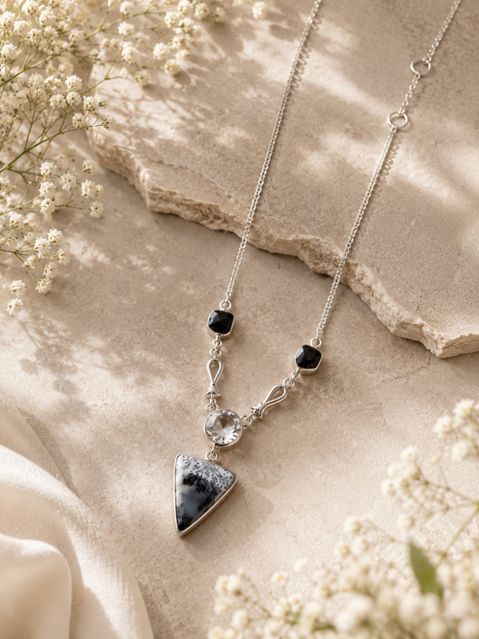 Dendritic Agate Triangle Shaped Gemstone With Clear Quartz & Black Tourmaline Sterling Silver Necklace