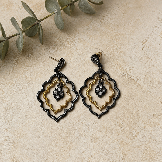 14k Gold Plated CZ Floating Hem Black Dangle Earrings