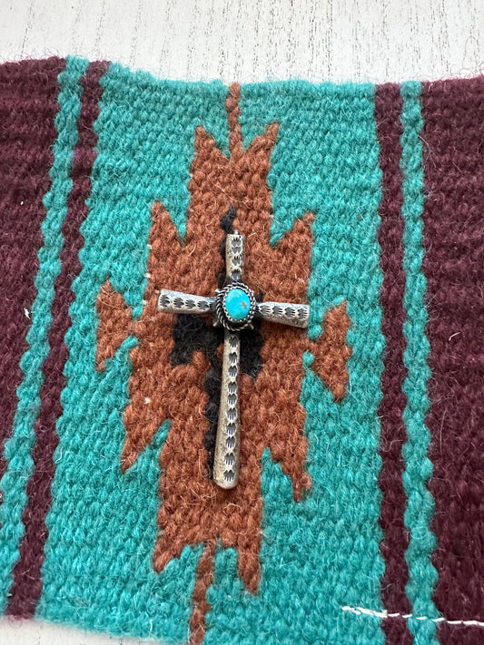 Beautiful Navajo Turquoise & Sterling Silver Cross Pendant Signed Richard Yazzie