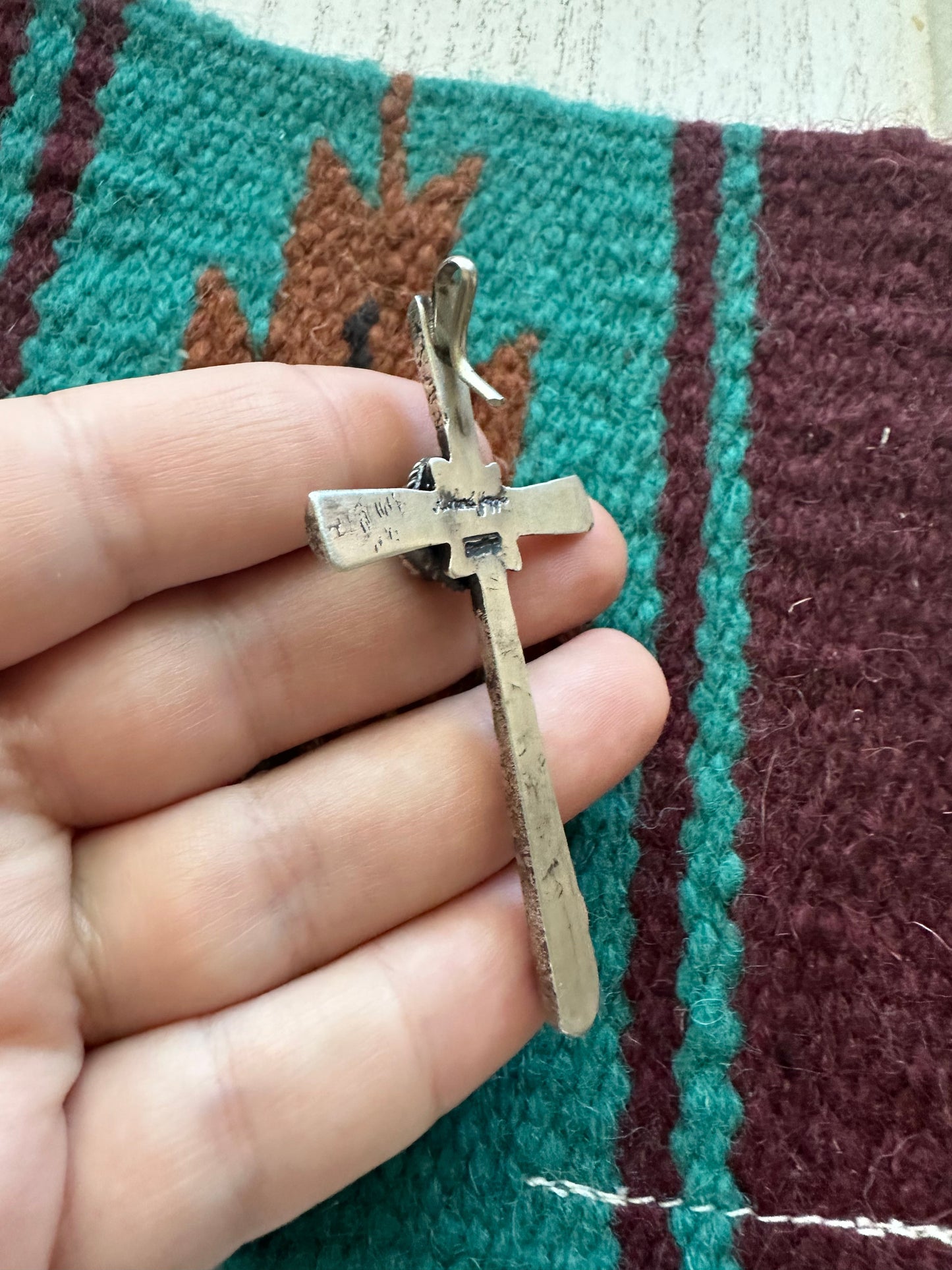 Beautiful Navajo Turquoise & Sterling Silver Cross Pendant Signed Richard Yazzie