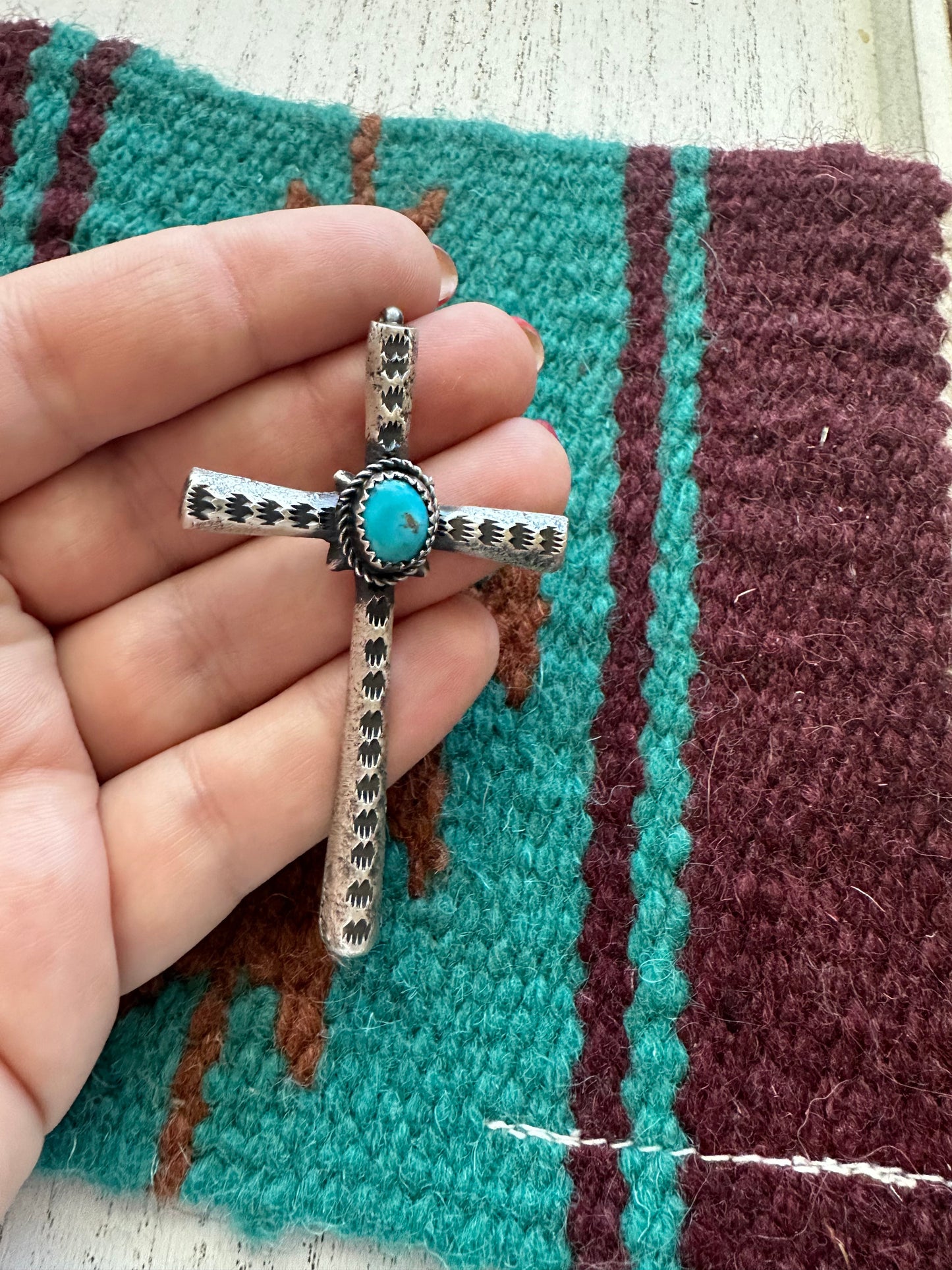 Beautiful Navajo Turquoise & Sterling Silver Cross Pendant Signed Richard Yazzie