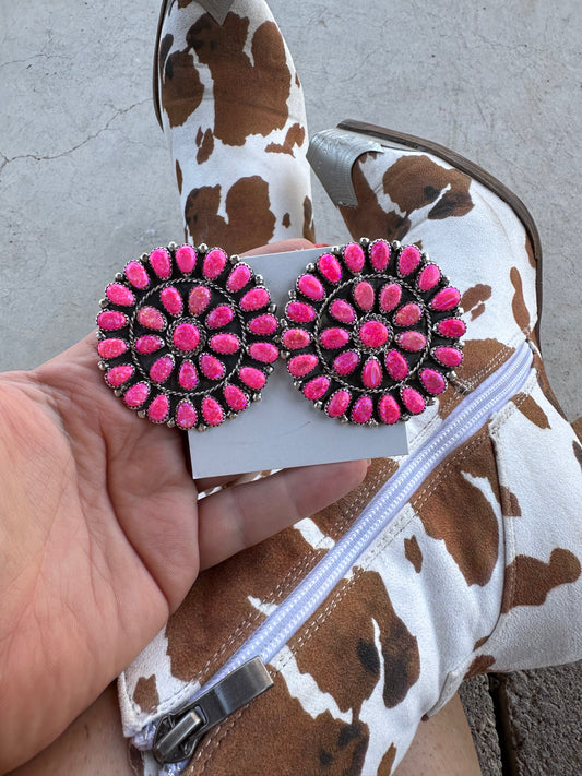 “The Barbie Collection” Handcrafted Pink Opal & Sterling Silver Cluster Post Earrings Signed